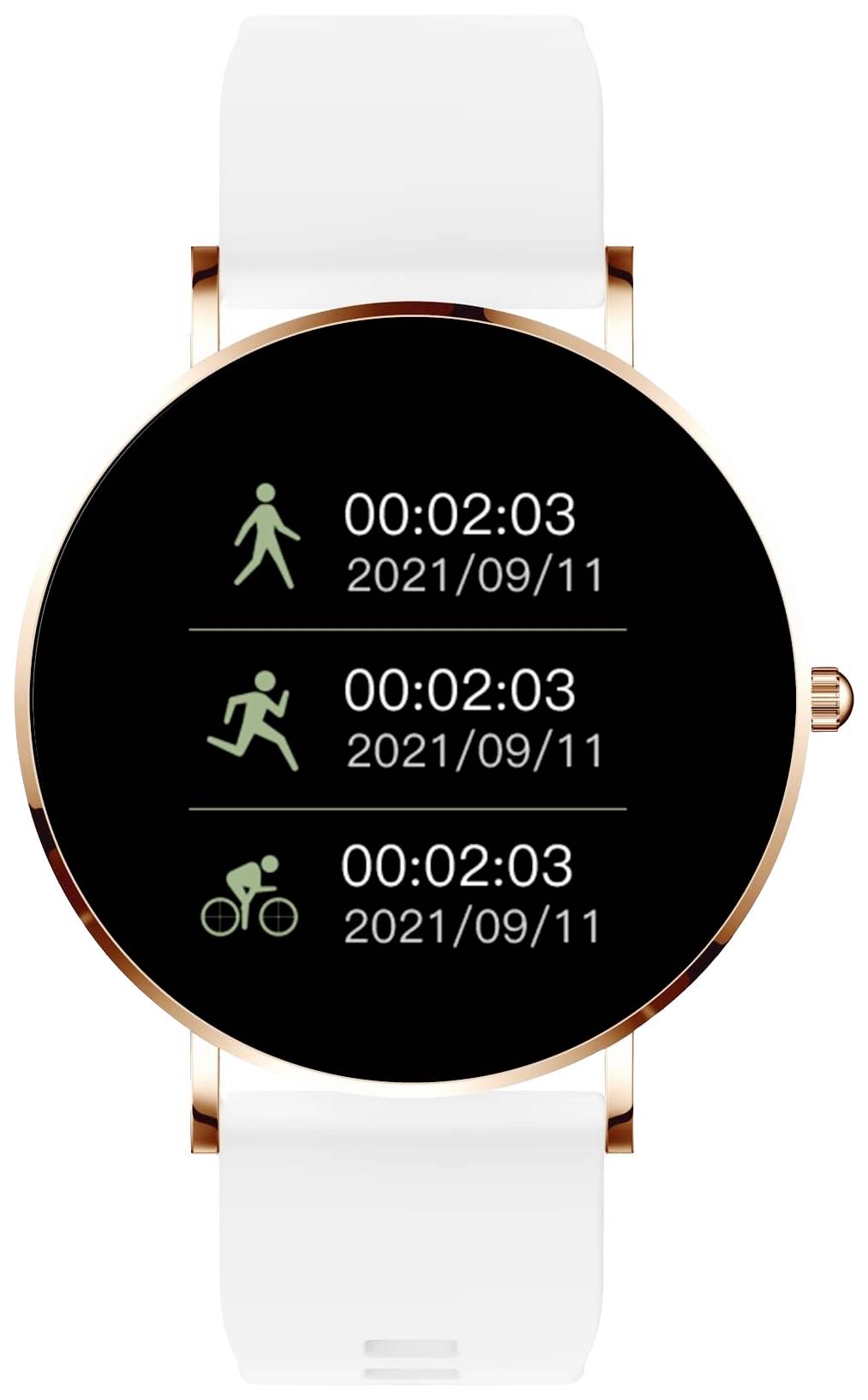 Eine runde Smartwatch zeigt drei Symbole: Gehen, Laufen, Radfahren, jeweils mit der Zeit '00:02:03' und Datum '2021/09/11'.