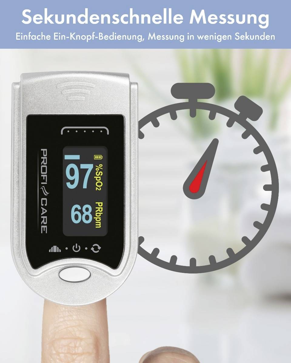 'Oximeter zeigt 97% SpO2 und 68 BPM an. Text oben: Sekundenschnelle Messung. Einfache Ein-Knopf-Bedienung, Messung in wenigen Sekunden.'