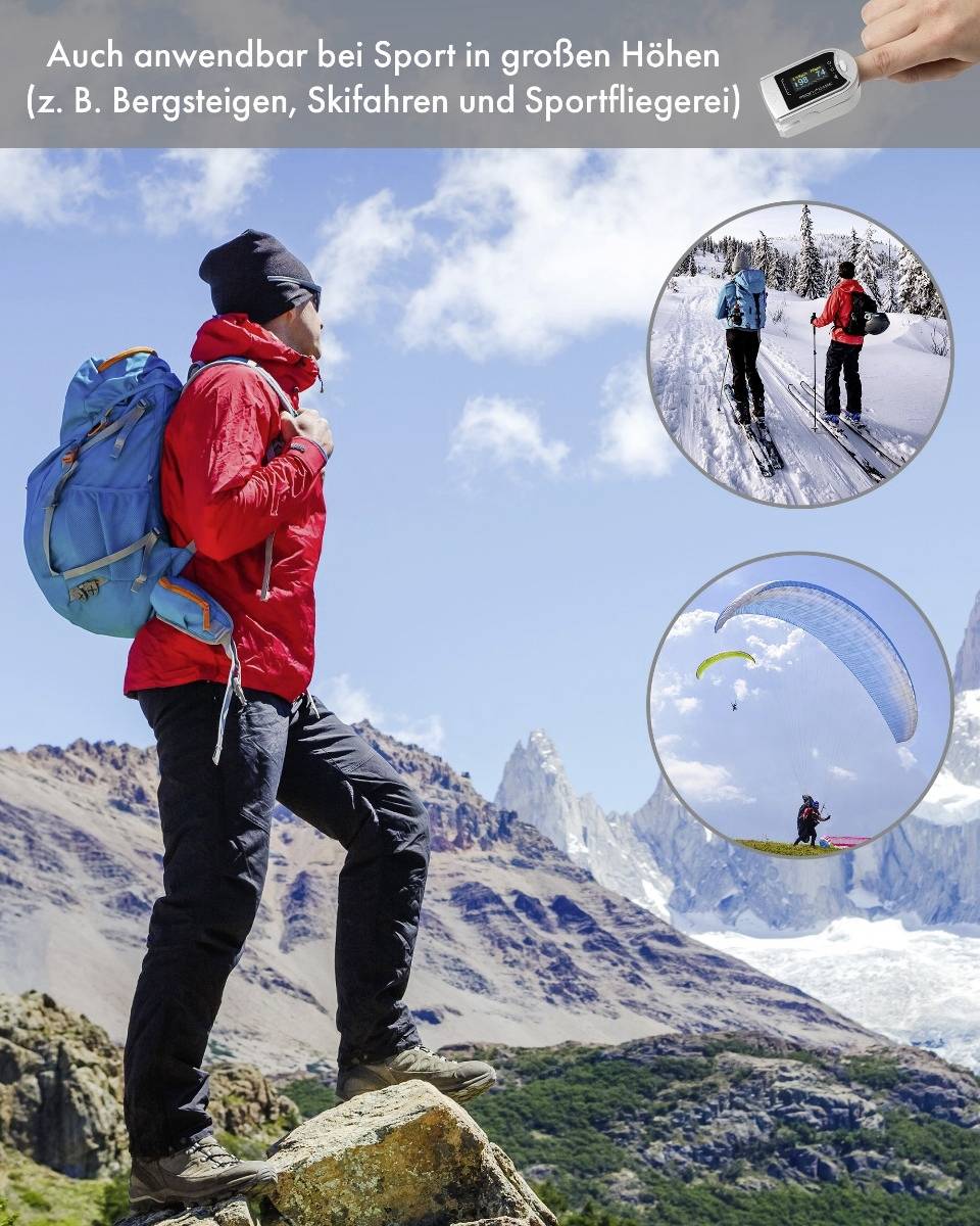 Eine Person mit blauem Rucksack blickt in die Ferne in einer bergigen Landschaft. Eingefügt sind Bilder von Skifahren und Gleitschirmfliegen.