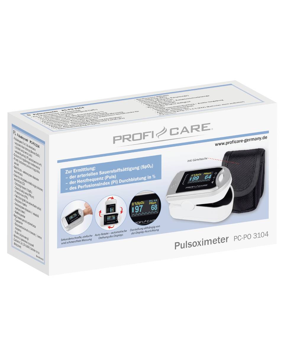 Puls-Oximeter-Verpackung mit Abbildung des Geräts und Details zu Sauerstoffsättigungsmessung und Anzeige von Herzfrequenz und Perfusionsindex.