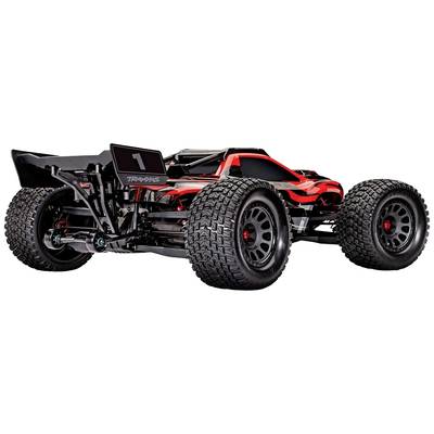 Ferngesteuertes Auto mit robusten Reifen und rotem Karosseriedesign, Ansicht von hinten.