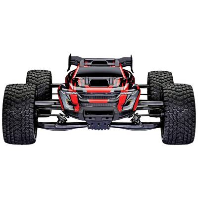 Ein ferngesteuertes Auto in Rot und Schwarz mit großen, robusten Reifen, das frontal gezeigt wird. Perfekt für Offroad-Abenteuer.