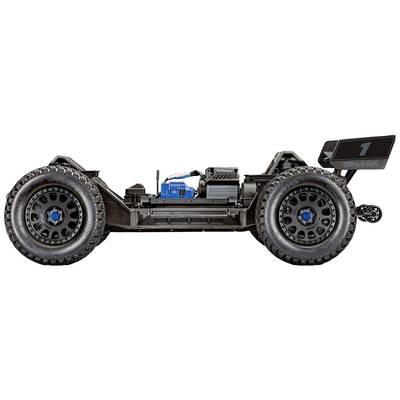 Seitenansicht eines ferngesteuerten Autos ohne Karosserie. Sichtbar sind die Motoren, die Elektronik und der Antriebsstrang.