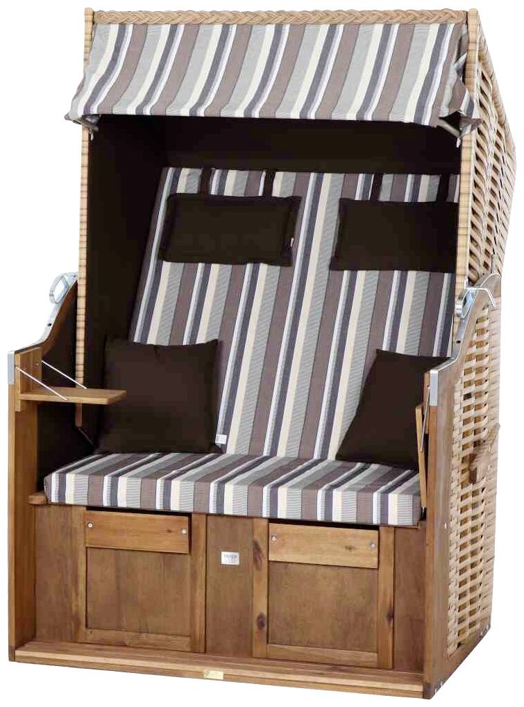 Ein zweisitziger Strandkorb aus Holz und Rattan mit gestreiftem Stoffbezug in Brauntönen. Ideal für den Strand oder Garten.
