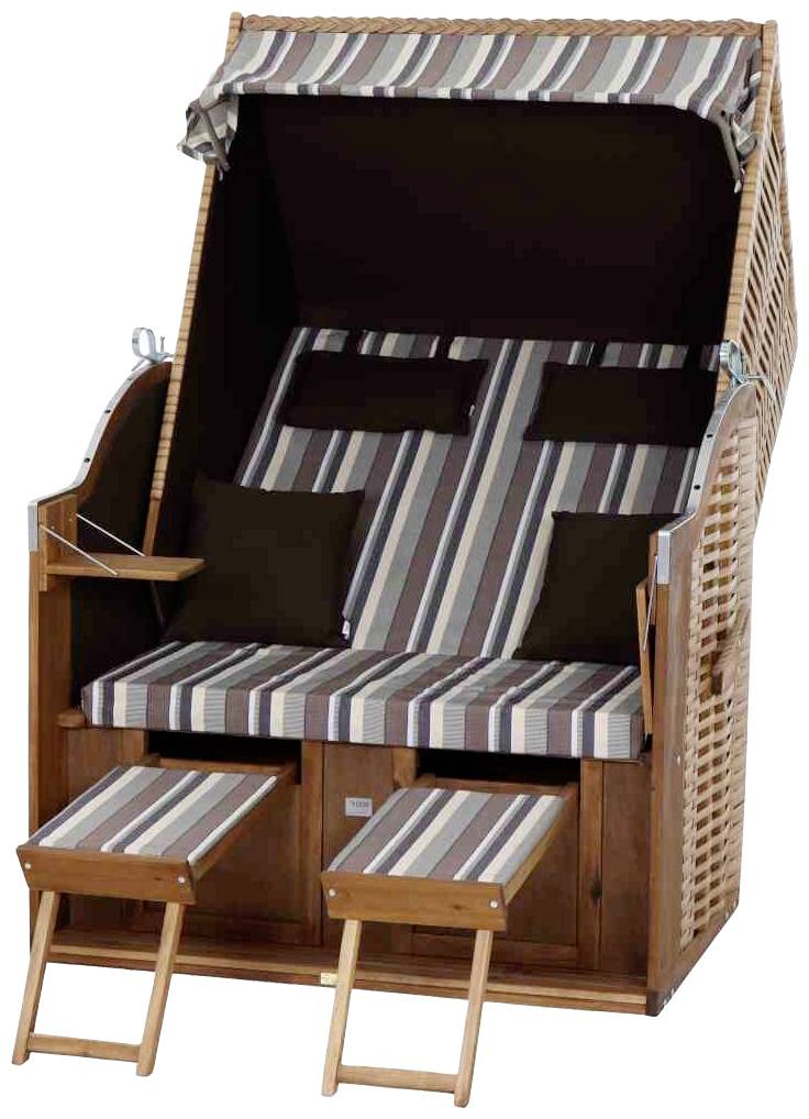 Ein gestreifter Strandkorb aus Holz mit Fußstützen, geeignet für zwei Personen. Ideal zum Entspannen am Strand oder im Garten.