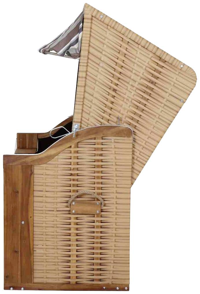 Ein Strandkorb aus hellem Holzgeflecht mit hochgeklapptem Dach, seitliche Ansicht. Ideal für den Strand oder Garten.