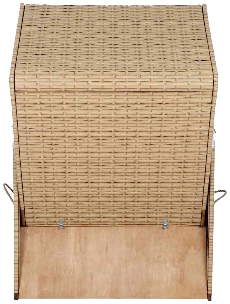 Ein Korb aus Rattan mit geöffnetem Deckel nach vorne, zeigt den Innenraum. Der Korb steht aufrecht und hat einen rechteckigen Grundriss.