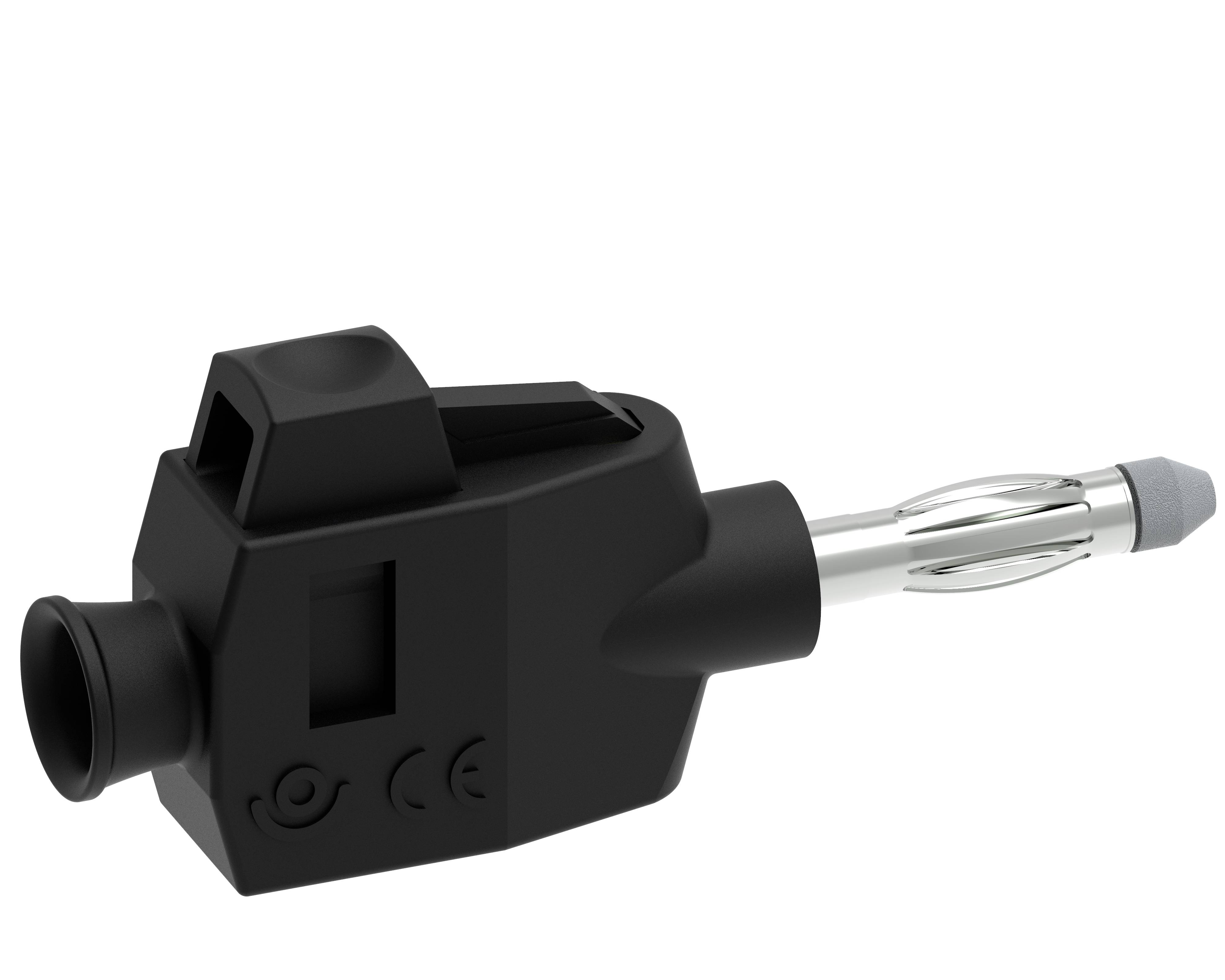 Ein schwarzes Kunststoffbauteil mit metallischem Steckanschluss, möglicherweise ein elektrisches Gerät, mit CE-Kennzeichnung.