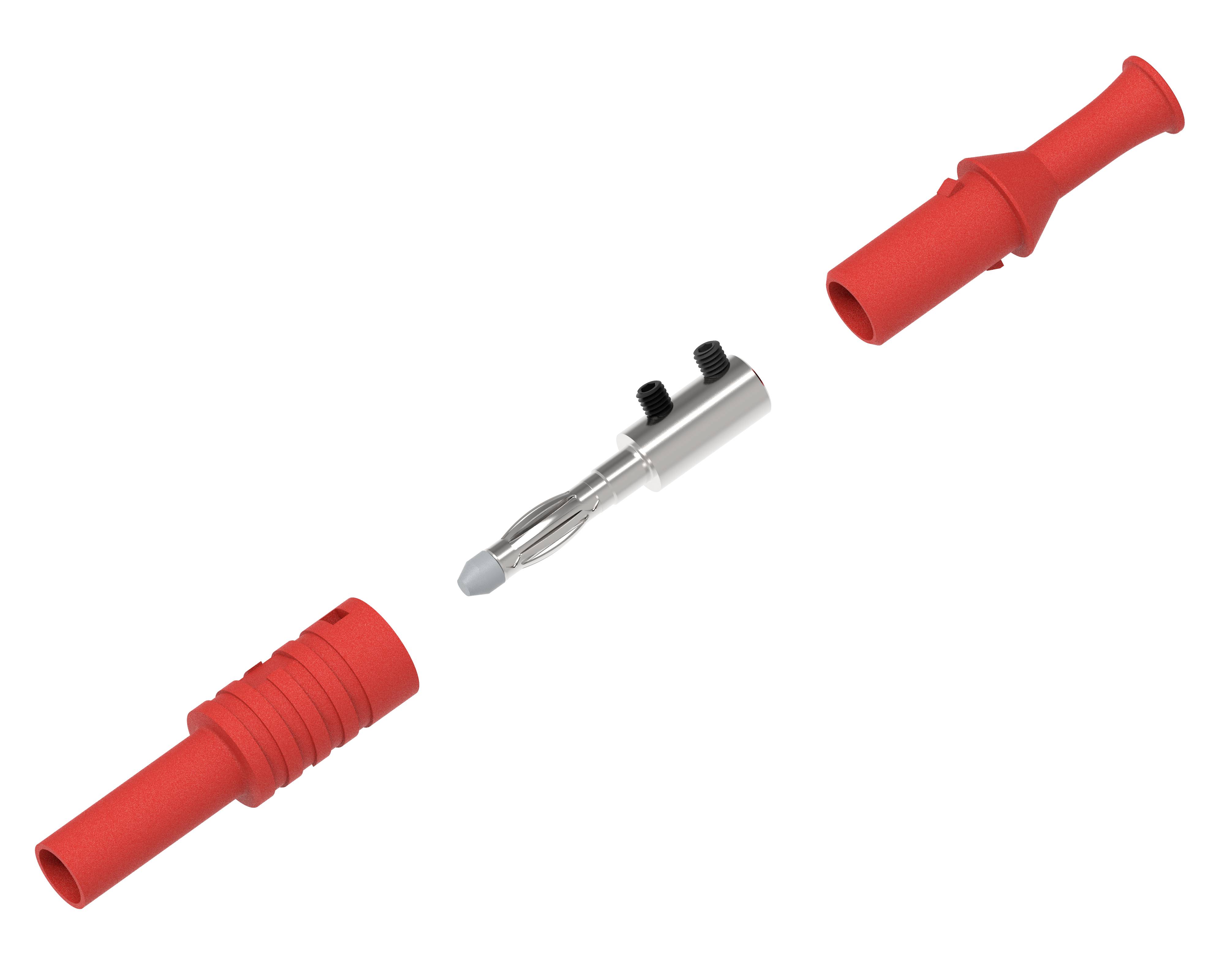 'Zerlegter roter Stecker in drei Teile: Spitze mit Metallanschluss, mittleres rotes Gehäuseteil und hinteres Gehäuseteil.'