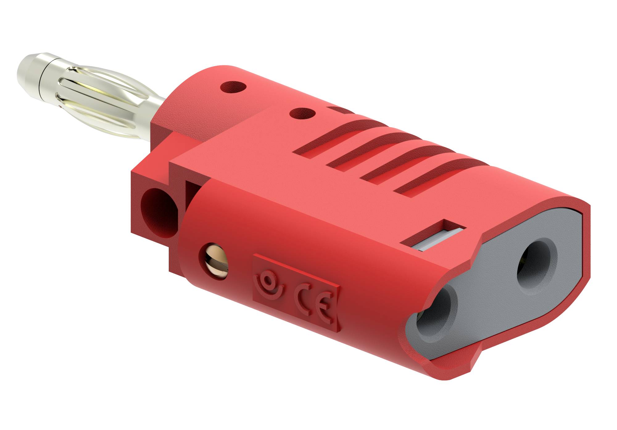 Roter Sicherheitsstecker mit CE-Kennzeichnung, geriffelte Oberfläche, zwei Konnektoren und einem Metall-Pin hinten. Geeignet für elektrische Verbindungen.