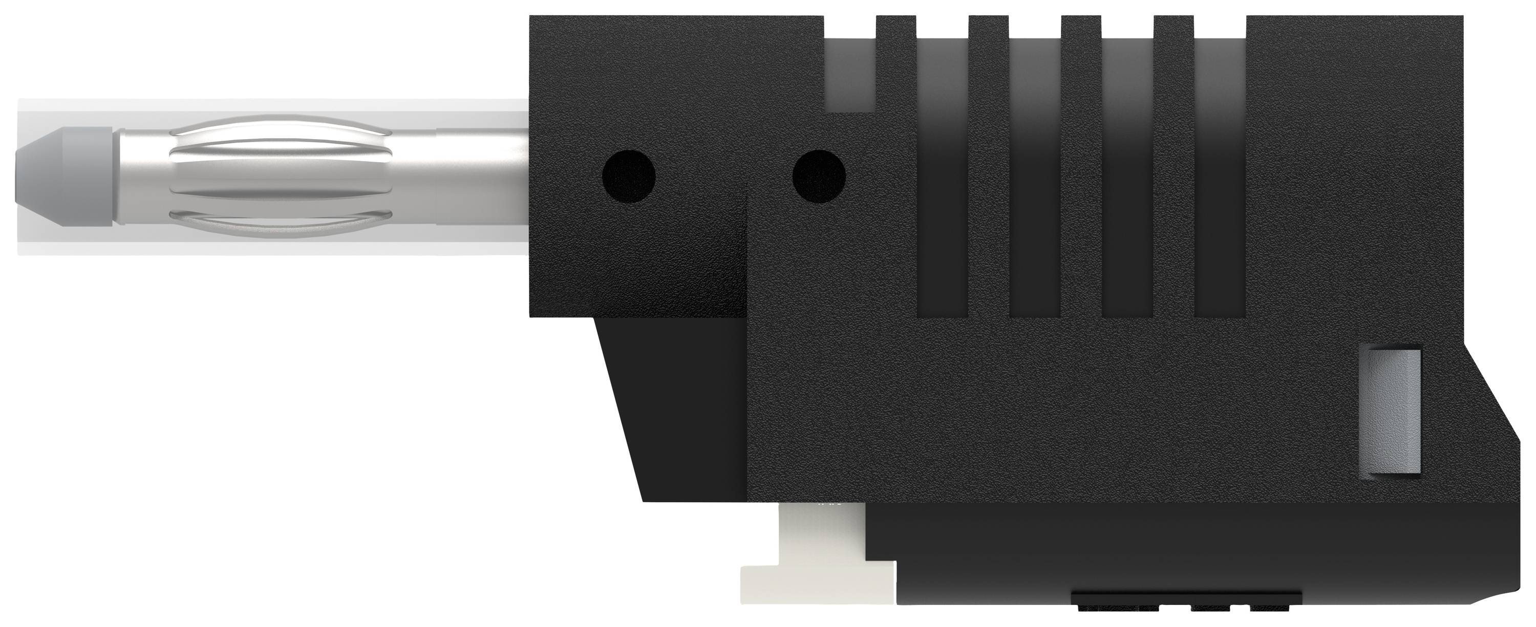 Schwarzer Steckverbinder mit metallischem Stift und mehreren geriffelten Seiten. Verwendet zur Verbindung von elektrischen Leitungen.