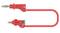 Rotes Bananenkabel mit zwei Steckern, verwendet für elektronische Verbindungen in Laboren und Werkstätten.