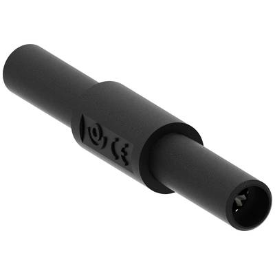 Schwarzes zylindrisches Bauteil mit einem breiten Mittelstück; könnte ein Verbindungsstück oder Adapter in einer technischen Anwendung sein.