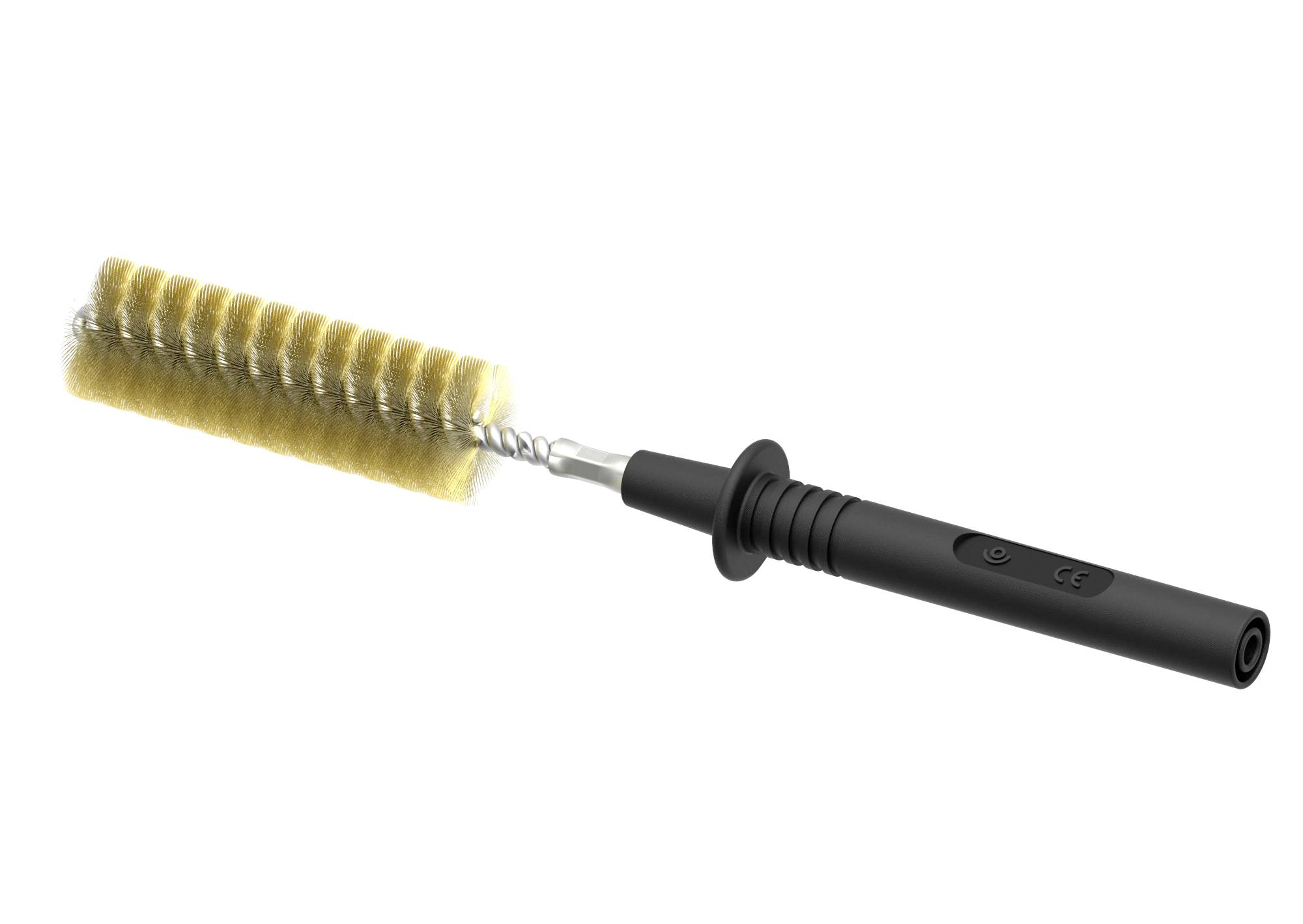 Eine gelbe Reinigungsbürste mit schwarzem Griff für elektronische Geräte, schräg von der Seite abgebildet.