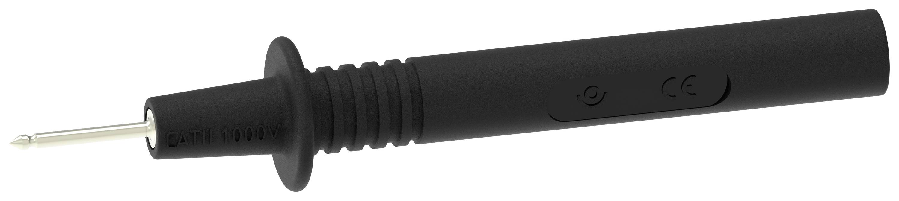 Schwarze Prüfspitze mit Metallspitze und isoliertem Griff, geeignet für elektrische Tests in Laboren oder Werkstätten.