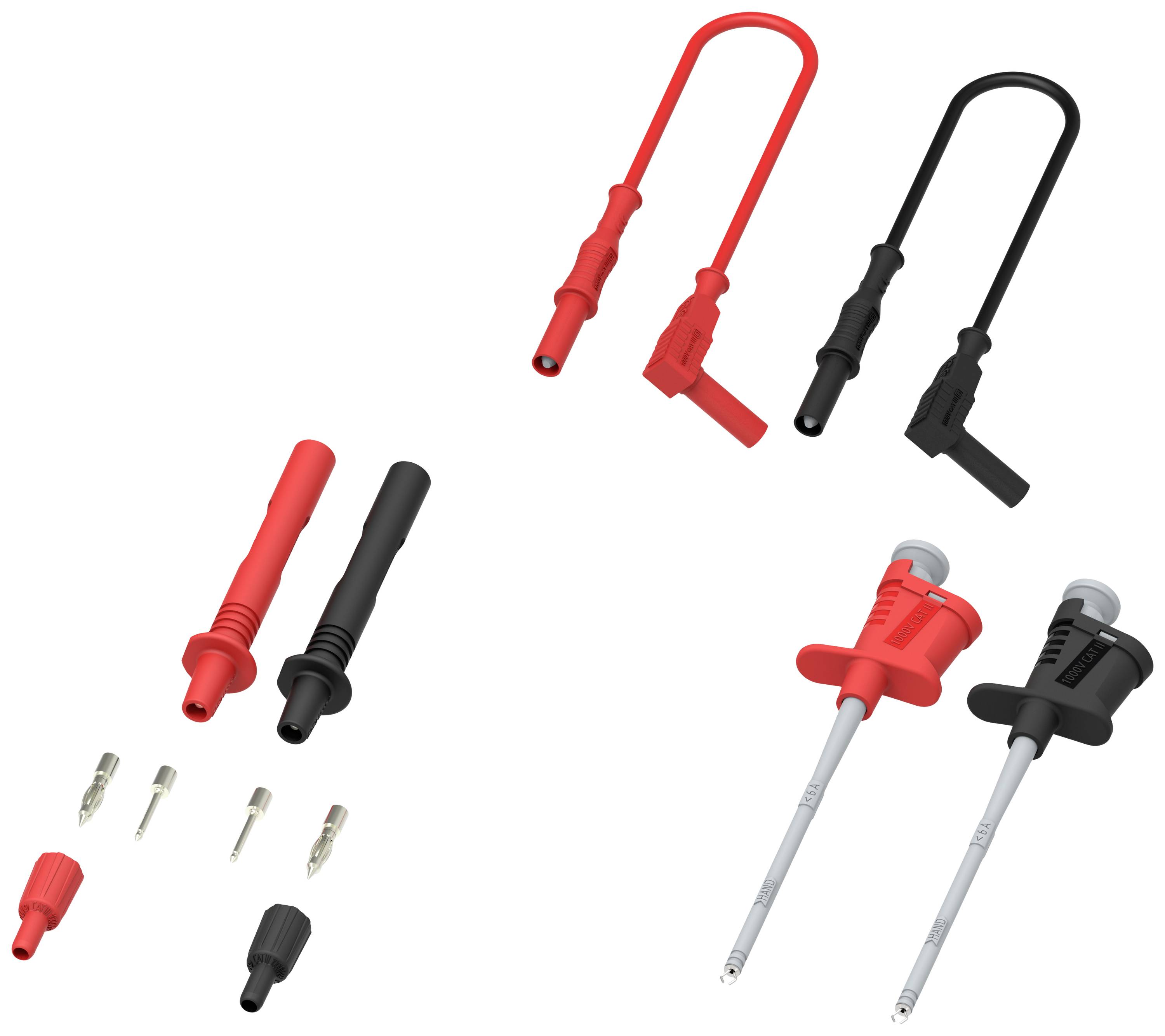 Zwei rote und zwei schwarze Messleitungen mit verschiedenen Anschlüssen. Links: gerade Stecker mit Aufsätzen, rechts: Klemmenaufsätze.