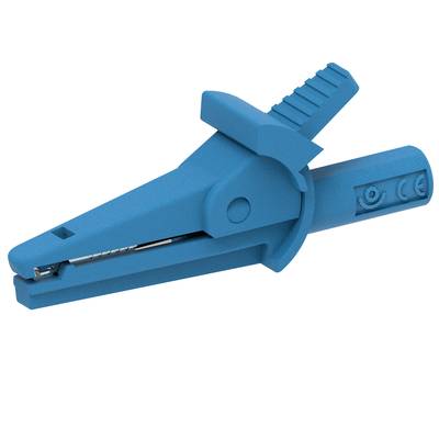 Ein blauer Krokodilklemme zum Anschluss an Drähte, mit isoliertem Griff und gezahntem Greifer für sicheren Halt.