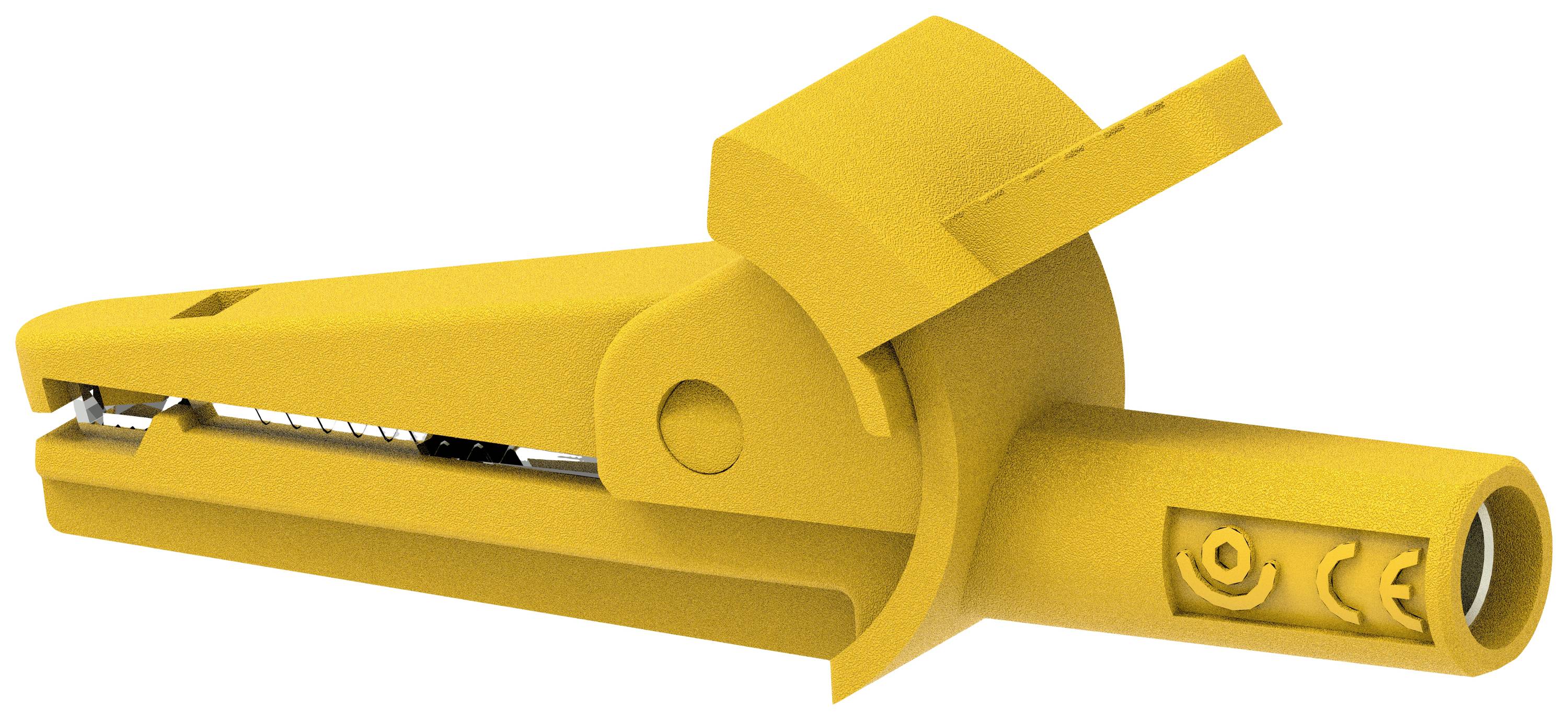 Ein gelber Krokodilklemmenadapter mit Iso-Symbolen, der zur Verbindung in elektrischen Prüfungen verwendet wird.