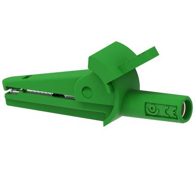 Grüne Kabelverbindungsklemme mit isolierendem Gehäuse und offenem Kabelanschluss. Geeignet für sichere elektrische Verbindungen.