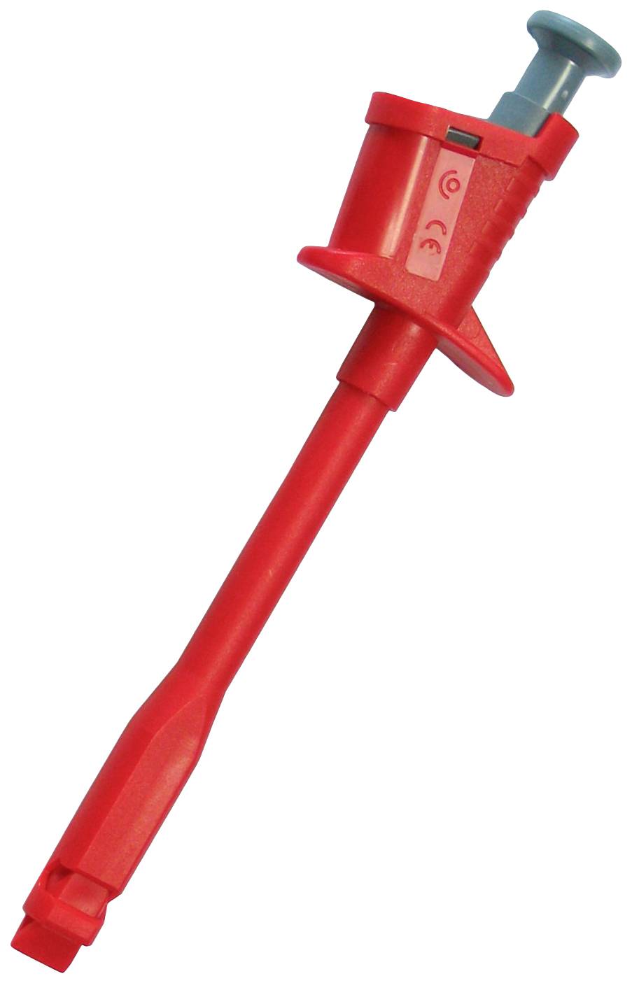 Ein roter Prüfspitzenadapter zum Anschluss an elektrische Messgeräte, mit einem blauen Knopf an der Oberseite.