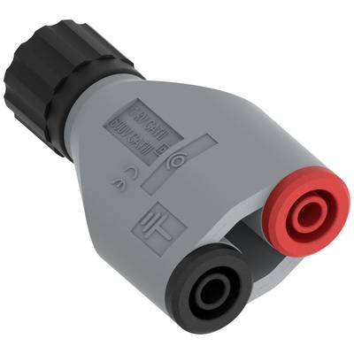 Grauer Adapterstecker mit schwarzen und roten Kontakten, beschriftet mit 'CAT III 600V', geeignet für elektrische Messgeräte.