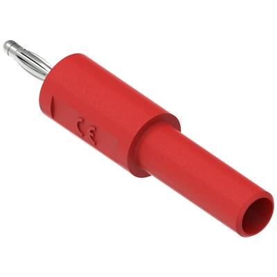 Roter Bananenstecker mit metallischem Kontaktteil. Geeignet für elektrische Verbindungen und Testanwendungen. CE-Kennzeichnung sichtbar.