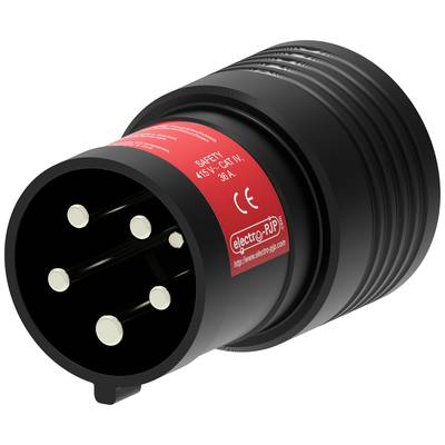 Ein schwarzer, zylindrischer Stecker mit roten Markierungen und mehreren Metallpins, geeignet für elektrische Anwendungen.