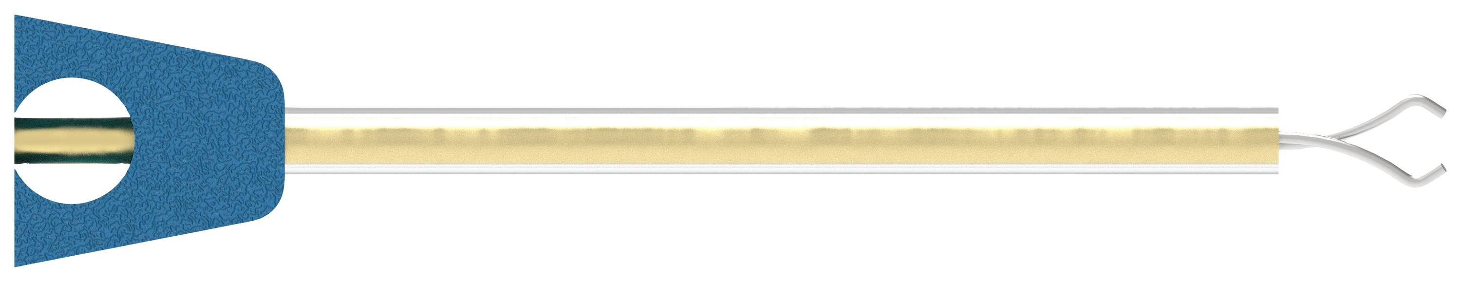 Ein medizinisches Instrument mit einer blauen Halterung und einer langen, dünnen Metallspitze, die sich in zwei Enden aufteilt.