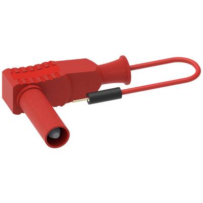 Ein roter, gewinkelter elektrischer Stecker mit einem abnehmbaren Metallkontakt und einer roten Schlaufe zur sicheren Befestigung.