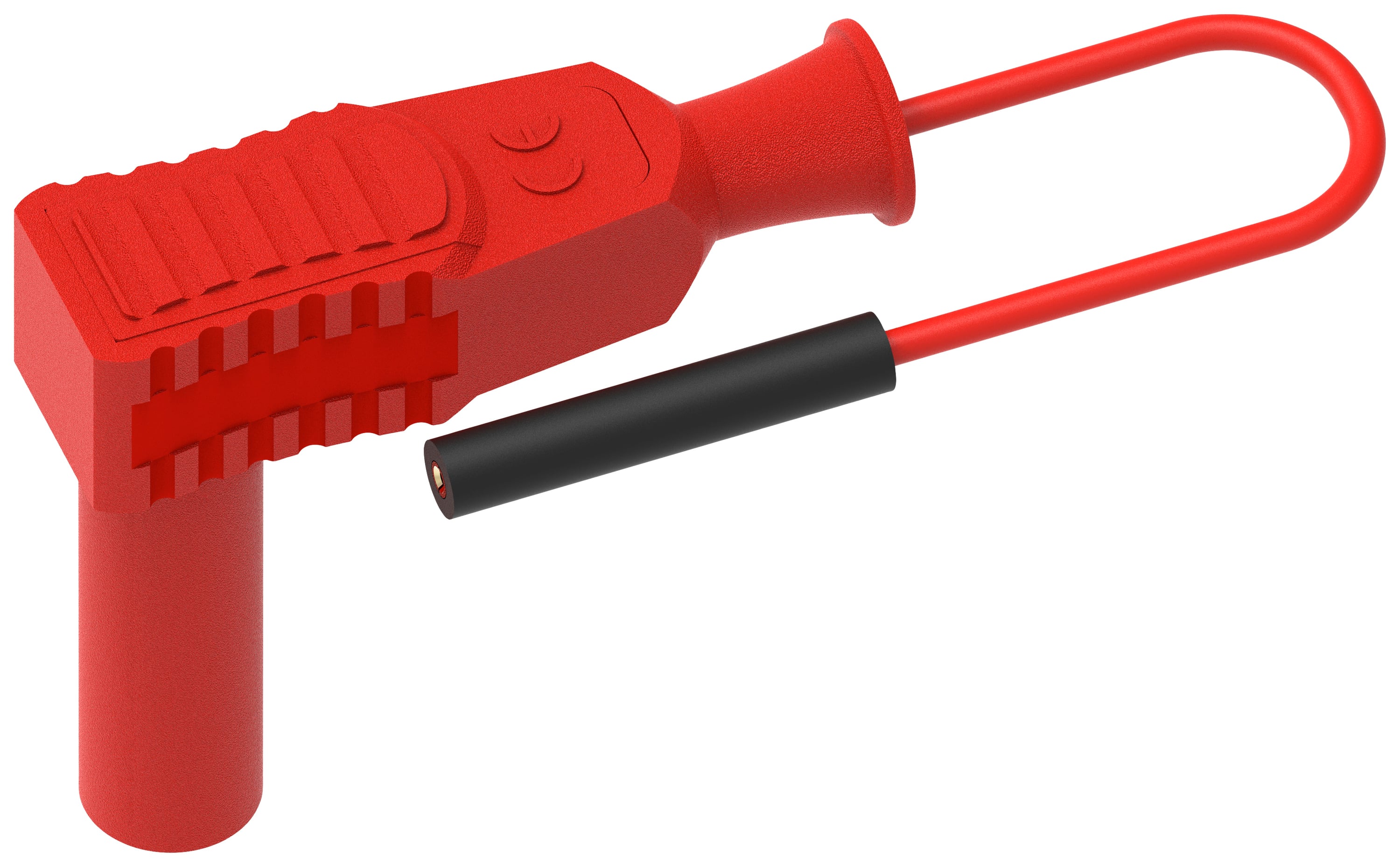 Rotes elektrisches Testclip ca. 90 Grad abgewinkelt, mit Hakenmechanismus und schwarzem Kabelanschluss, verwendet in elektrischen Tests.