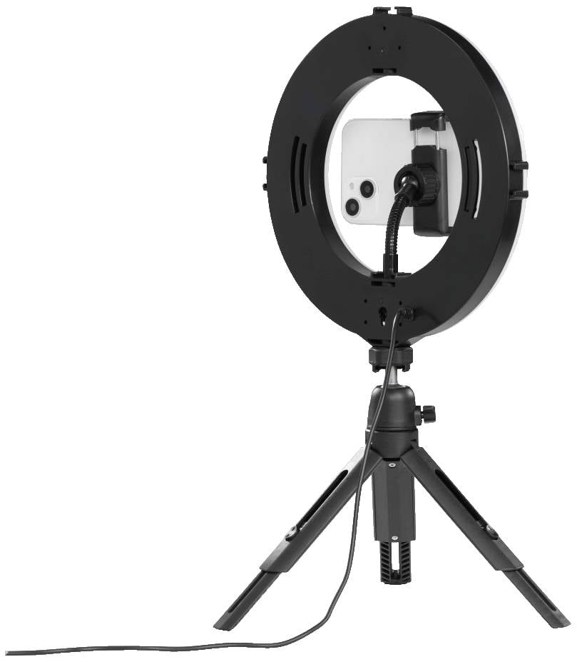 Ringlicht mit Smartphone-Halterung auf einem Stativ, geeignet für Fotografie oder Videodrehs mit gleichmäßiger Beleuchtung.