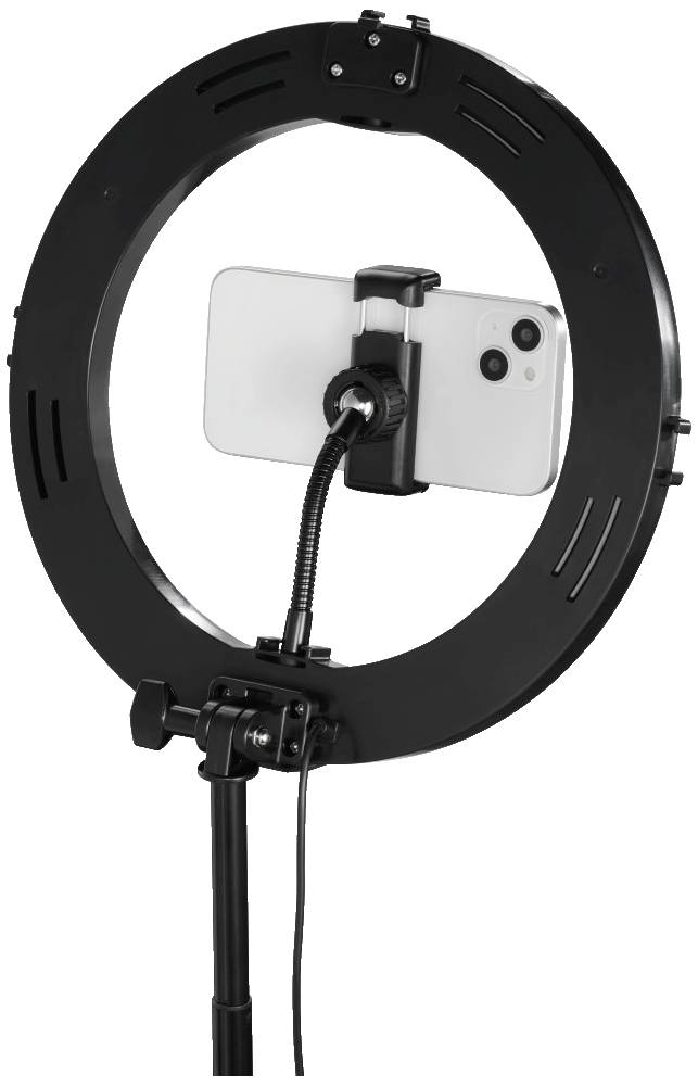 Ein schwarzes Ringlicht mit Ständer, in dessen Mitte ein Smartphone befestigt ist. Ideal für Fotografie oder Videoaufnahmen.