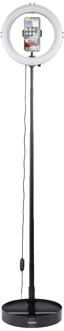 Ringlicht-Stativ mit Smartphone-Halterung. Ein Smartphone ist in der Halterung montiert. Das Ringlicht leuchtet.