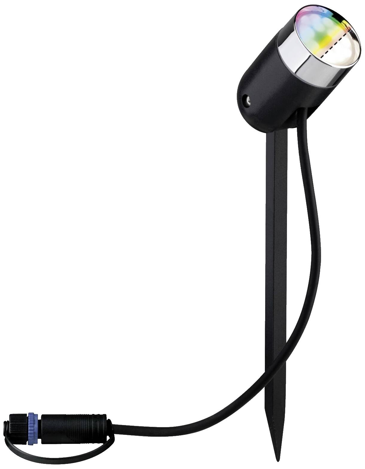 Ein schwarzer LED-Gartenstrahler mit Erdspieß und Kabel. Oben leuchtet ein kleiner, mehrfarbiger LED-Kreis.