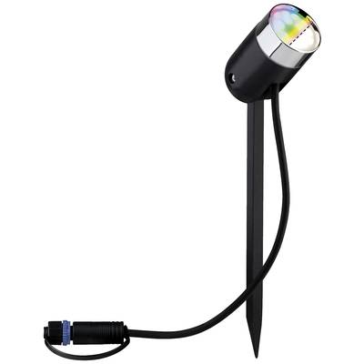 Ein schwarzer LED-Gartenstrahler mit Erdspieß und Kabel. Oben leuchtet ein kleiner, mehrfarbiger LED-Kreis.