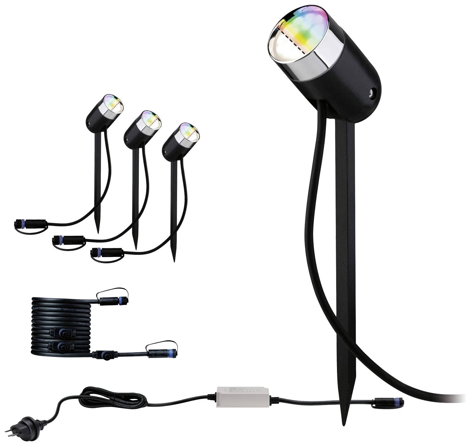 Ein Set von vier schwarzen, erdspießgeformten Außenleuchten mit RGB-LEDs und Kabeln. Geeignet zur Garten- oder Fassadenbeleuchtung.