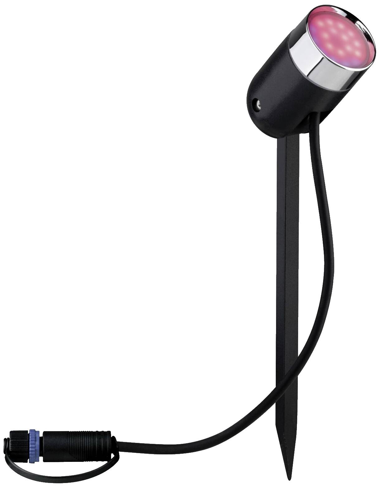 LED-Außenstrahler mit Erdspieß, schwarz, runder Kopf mit rotem Licht, Kabel mit blau-schwarzem Stecker. Geeignet für Gartenbeleuchtung.