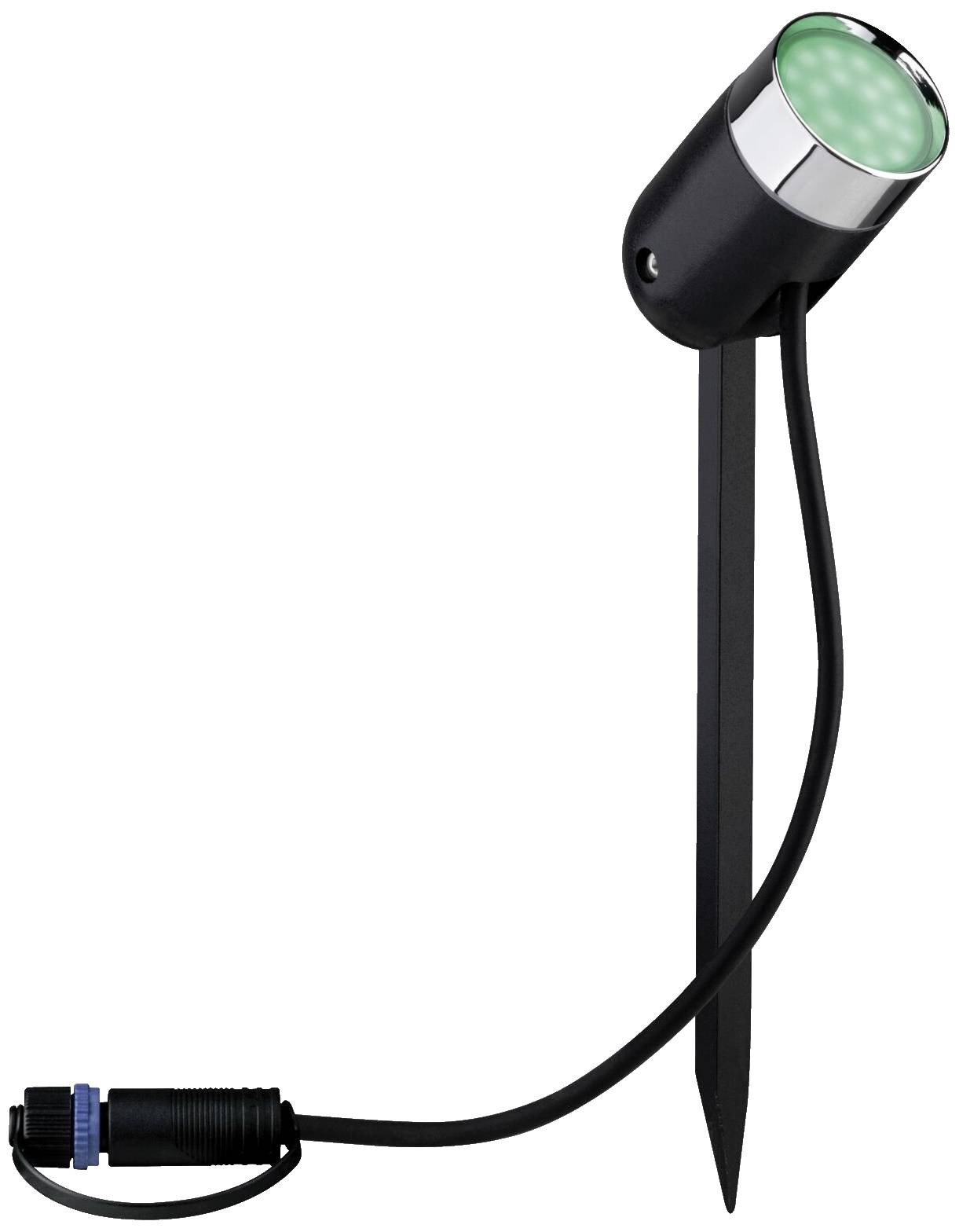Ein schwarzer LED-Gartenstrahler mit Erdspieß, Anschlusskabel und blauer Steckverbindung. Geeignet für Außenbeleuchtung.