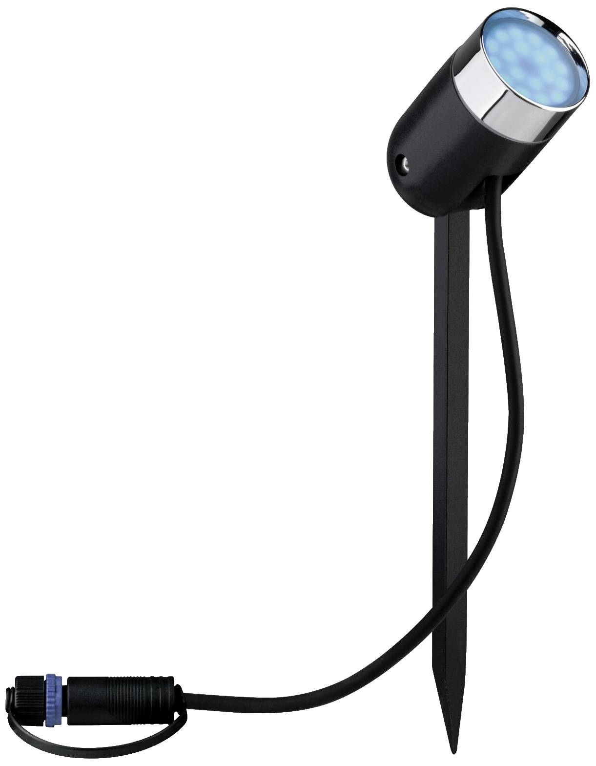 Ein schwarzer LED-Gartenstrahler auf einem Stab, mit blauem Leuchten und einem Anschlusskabel, steht vor einem neutralen Hintergrund.