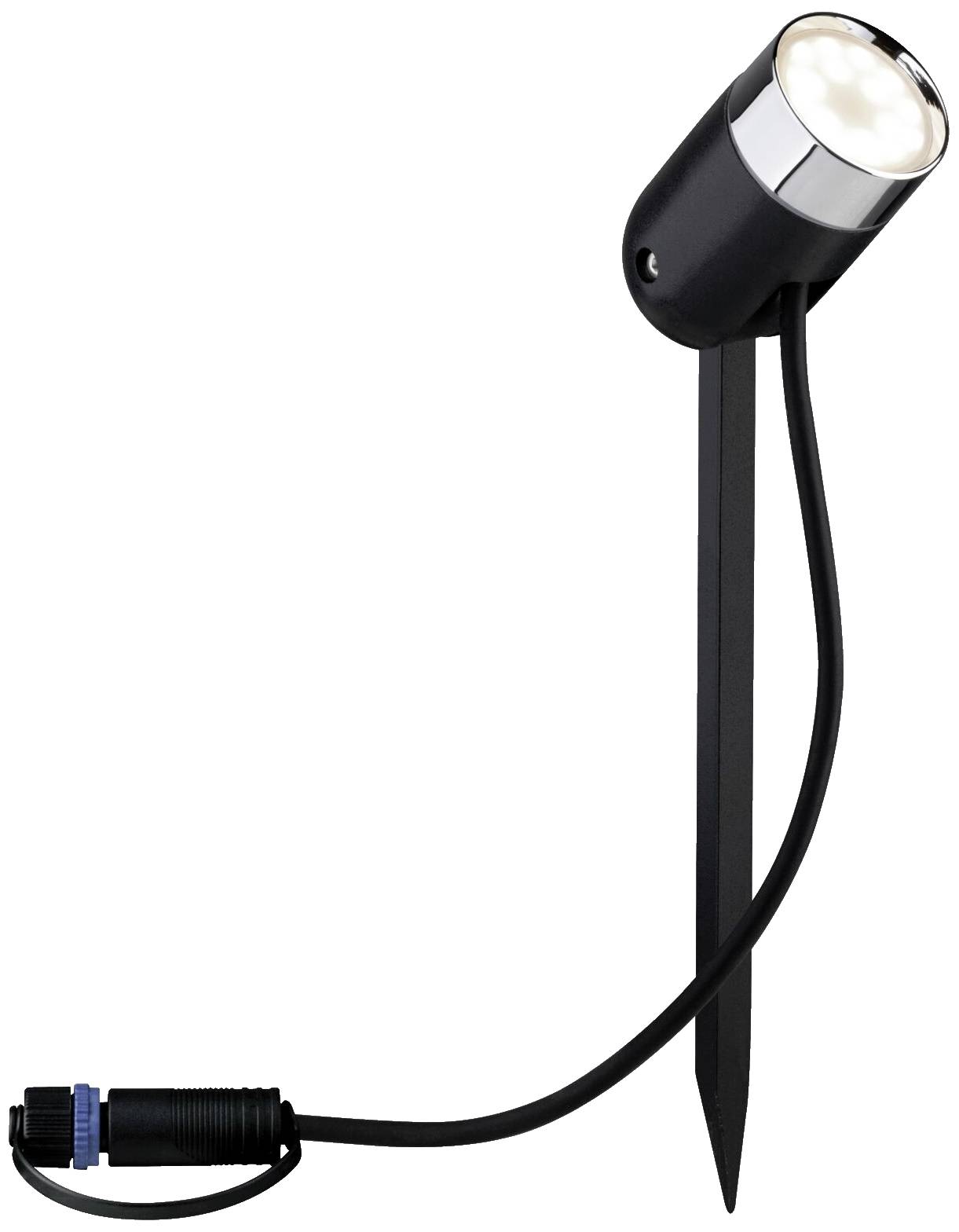 Außenstrahler mit Erdspieß, schwarzes Gehäuse, integriertes LED-Element und Kabel mit Stecker, geeignet für Gartenbeleuchtung.