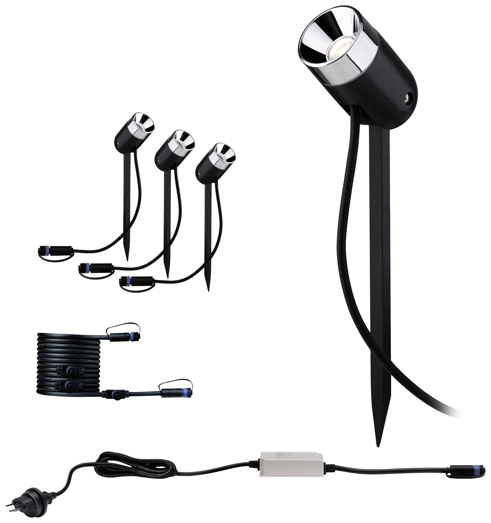Gartenbeleuchtung-Set bestehend aus vier schwarzen LED-Strahlern mit Spießen, einem langen Verbindungskabel und einem Adapter.