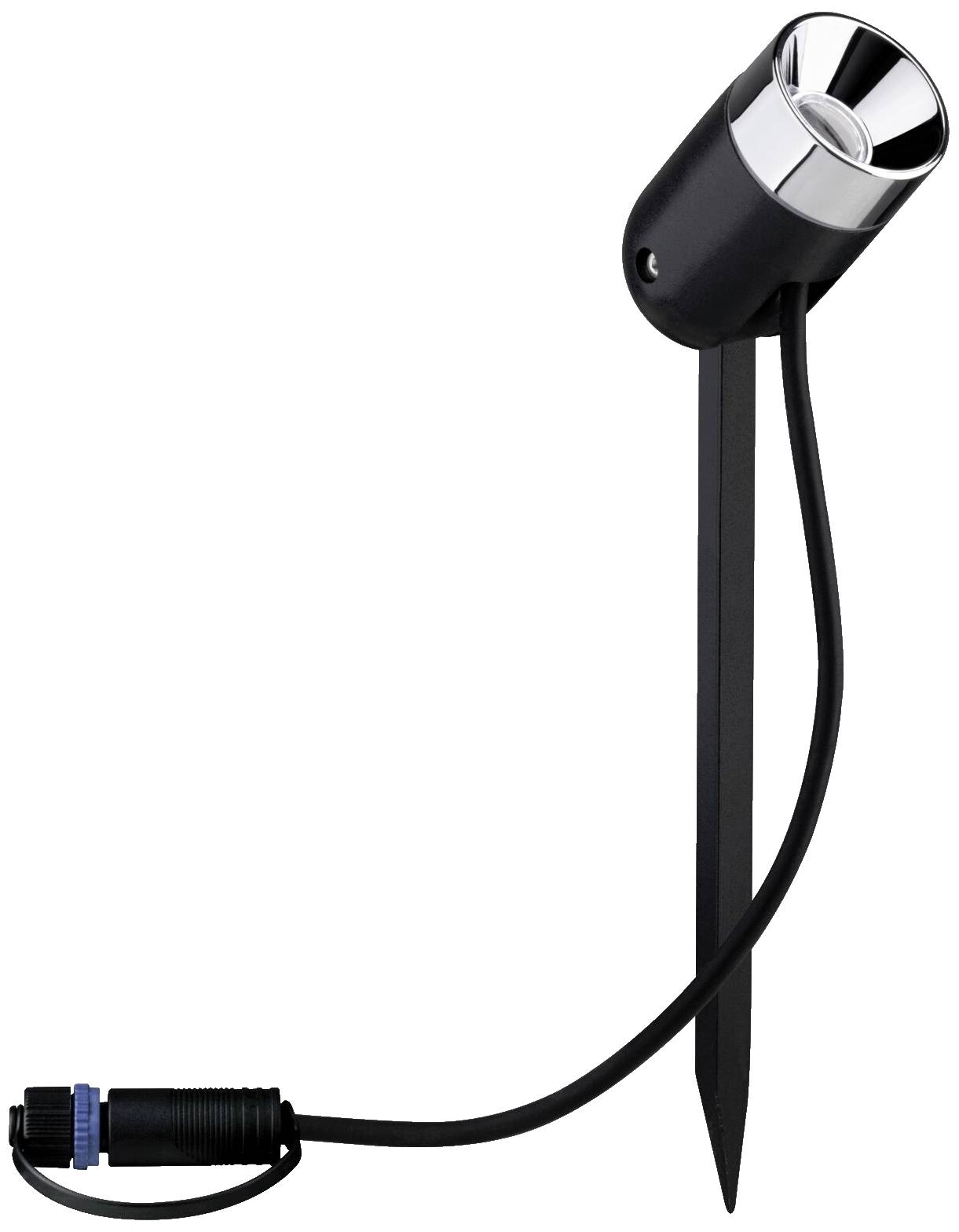 Schwarze Gartenbeleuchtung mit Erdspieß und verstellbarem silbernem Spot, Kabel mit Stecker unten. Ideal für Außenbeleuchtung.