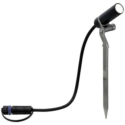 Metallischer LED-Gartenstrahler mit Erdspieß und schwarzem Kabel für flexible Außenbeleuchtung.