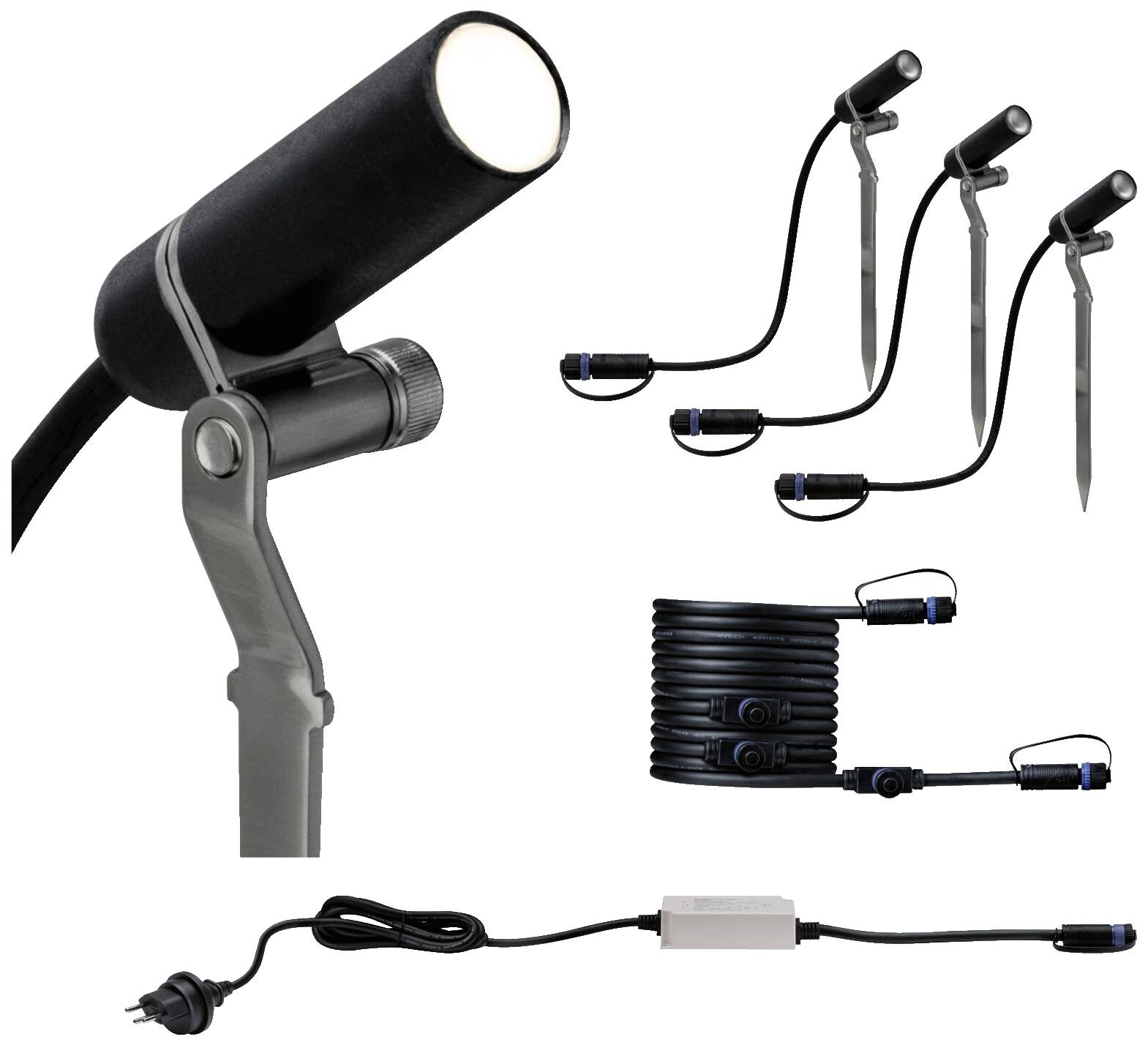 Ein Set von schwarzen LED-Außenleuchten mit Erdspießen und Kabeln, geeignet für Garten- oder Außenbeleuchtung. Enthält Netzstecker.