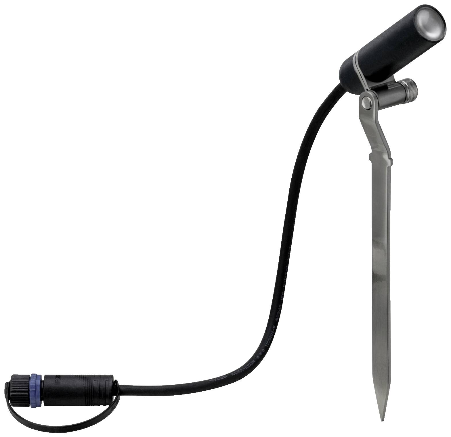 Eine Metall-Gartenleuchte mit spitzem Erdspieß, schwarzem Kabel und Anschlussstecker, geeignet für Außenbeleuchtung.
