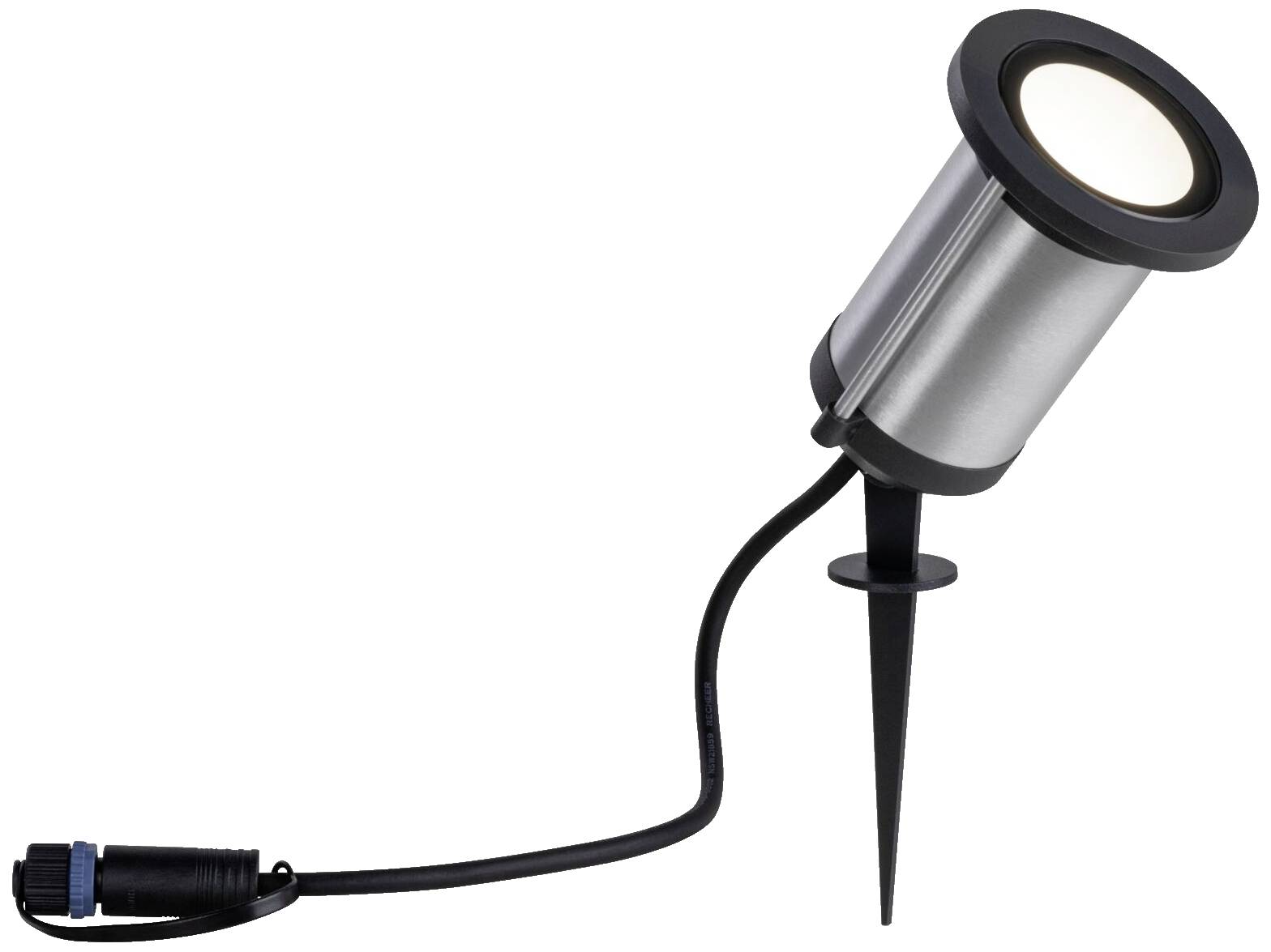 Gartenstrahler aus Metall mit Erdspieß, angeschlossenes Kabel mit Stecker, zum Ausleuchten von Außenbereichen.