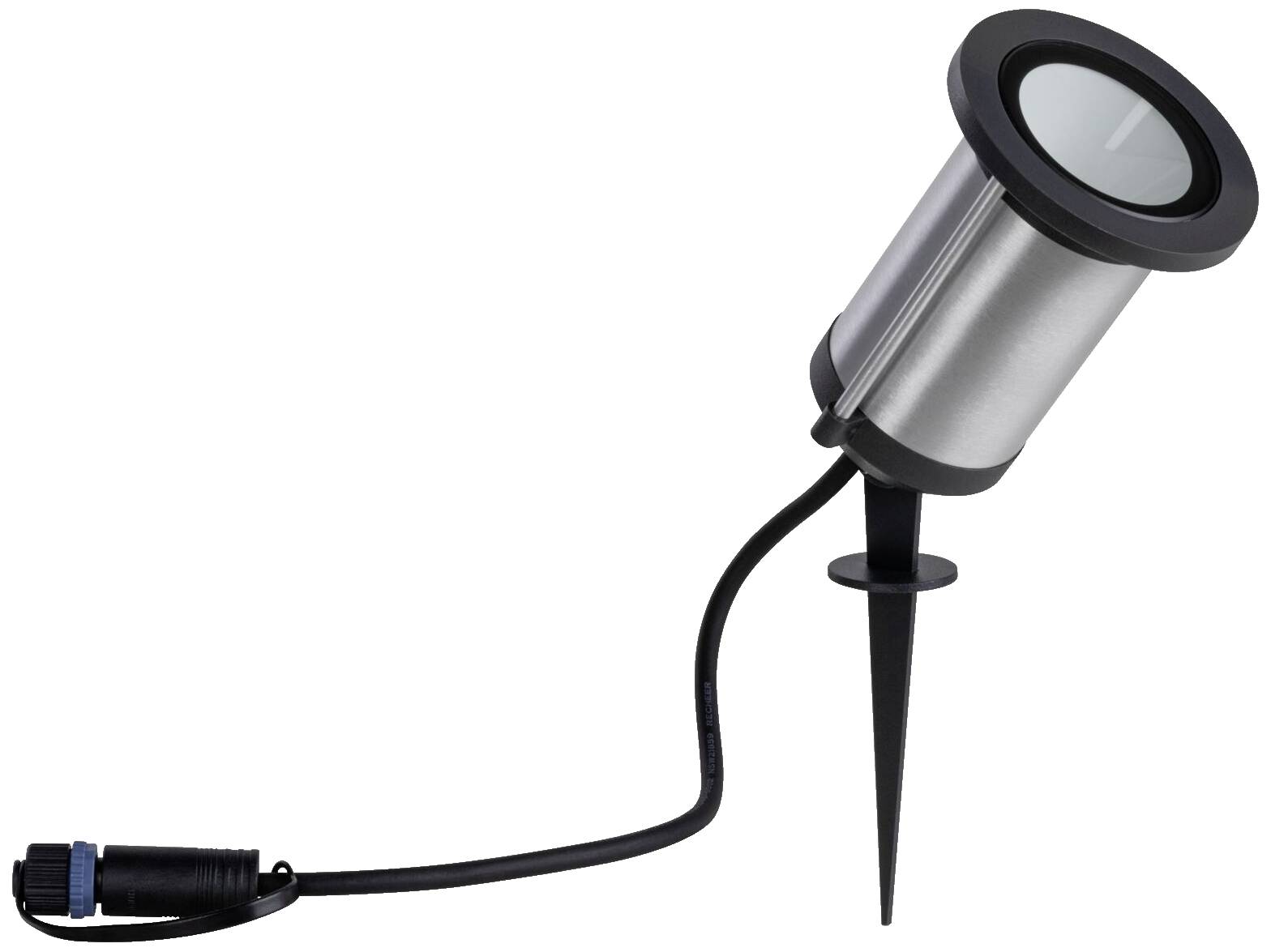 Außenstrahler mit Erdspieß und Kabel, zur Beleuchtung von Gärten und Wegen, in silberner Metalloptik.