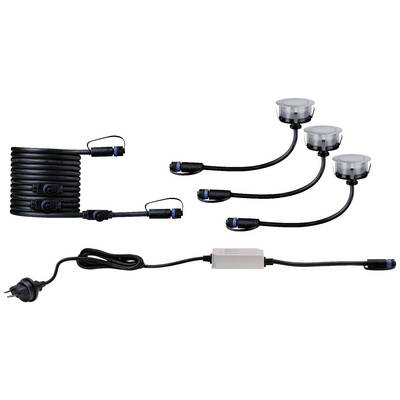 Drei runde LED-Lampen mit Steckverbindungen, langem Kabel und Adapter. Ideal für Außenbeleuchtung.