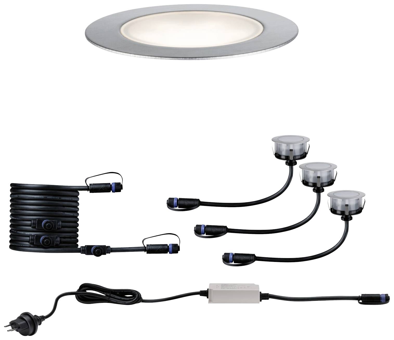 Set von LED-Deckeneinbauleuchten mit drei Lampen, Kabeln und Transformator. Ideal für stilvolle Raumbeleuchtung.