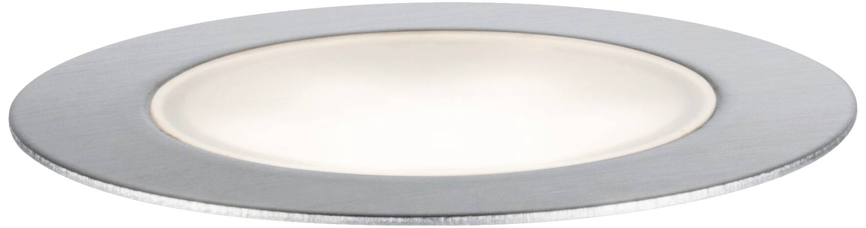 Ein flacher, runder LED-Einbaustrahler aus Metall, der sanftes, weißes Licht abgibt. Ideal für moderne Deckenbeleuchtung.